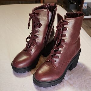 New Look Maroon/ Burgundy Lace-Up Chunky Boots
